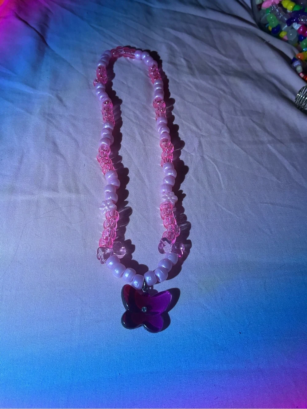 Pink Beaded Butterfly Pendant Necklace